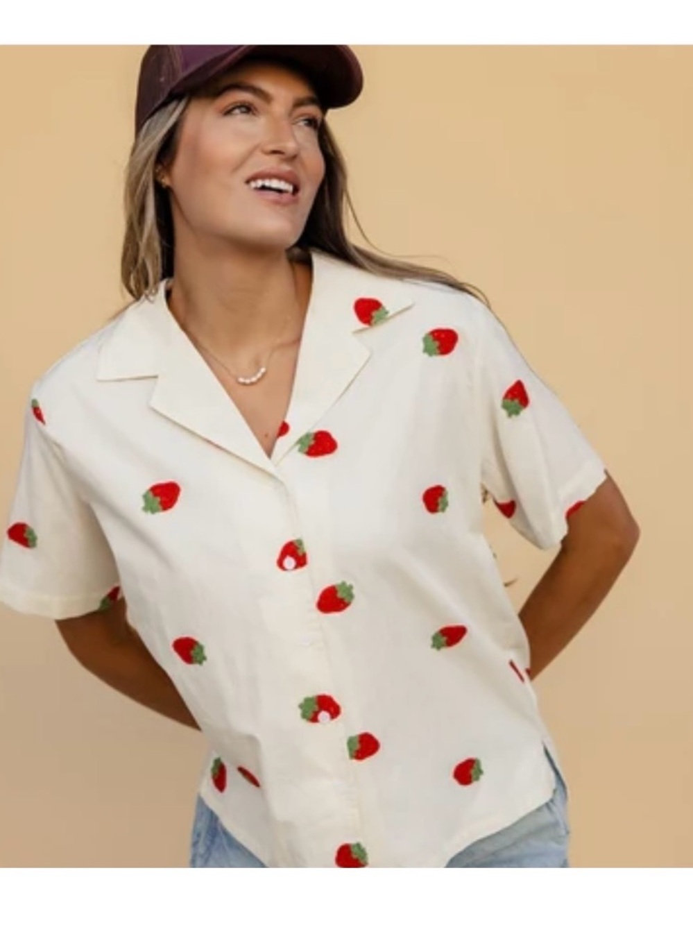 Cream Strawberry Print Short-Sleeve Button-Down Shirt